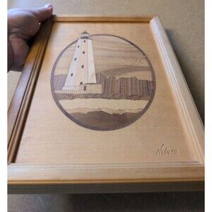 Hudson River Wood Art Inlay Marquetry Sandy Hook NJ Lighthouse 7" x 10" Nelson